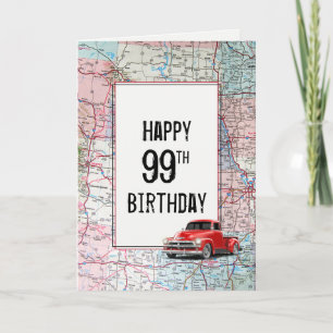 99e anniversaire Camion rouge Retro sur la carte
