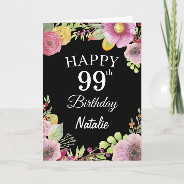 99e Anniversaire Fleurs florales Carte noire (Devant)