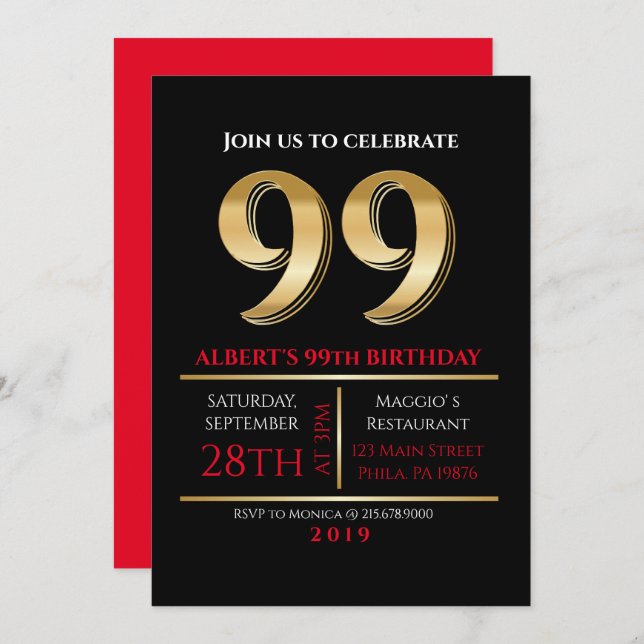 99e anniversaire Gold Black Party Invitation (Devant / Derrière)