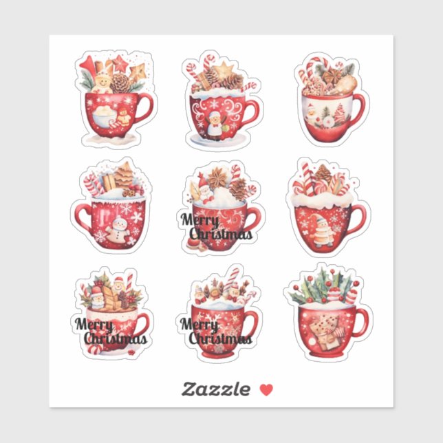 9 Tasses de Noël Autocollant Vinyle Découpe sur Me (Feuille)