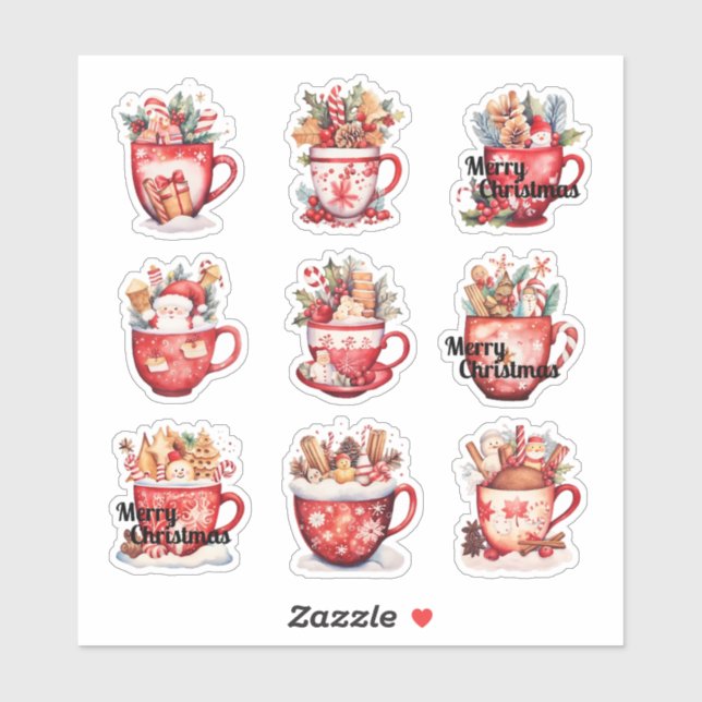 9 Tasses de Noël Autocollant Vinyle sur Mesure (Feuille)