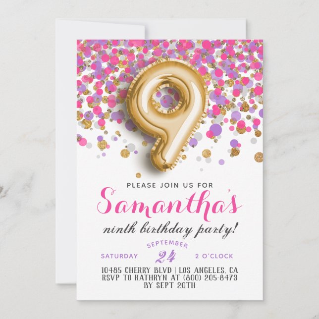 9e anniversaire Confetti Invitation (Devant)