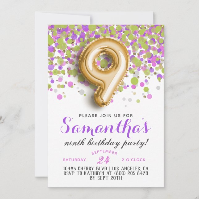 9e anniversaire Confetti Invitation (Devant)