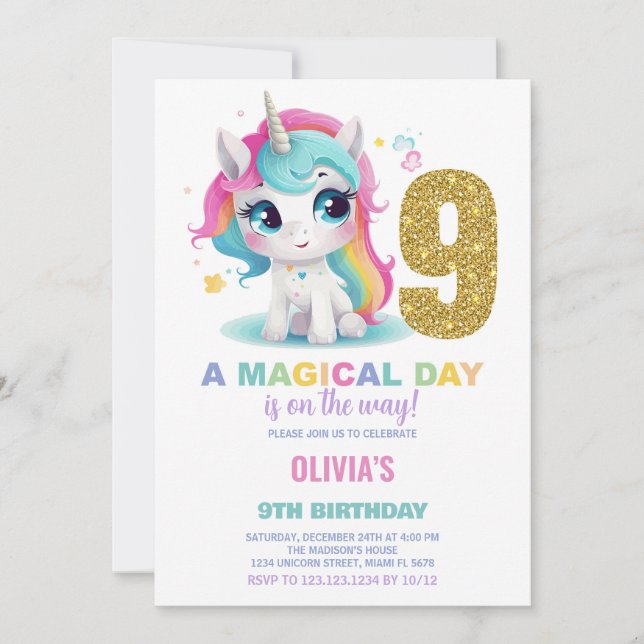 9e anniversaire Unicorn Anniversaire Invitations (Devant)