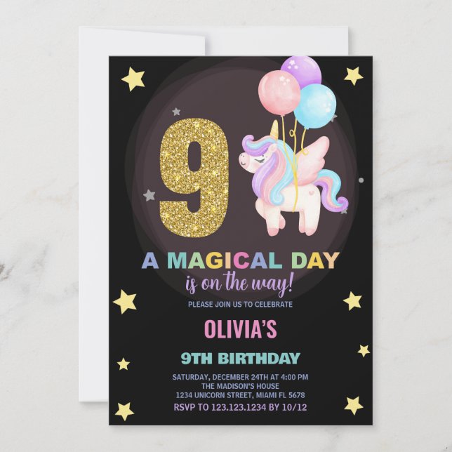 9e anniversaire Unicorn Anniversaire Invitations (Devant)