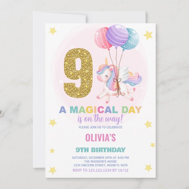 9e anniversaire Unicorn Anniversaire Invitations (Devant)