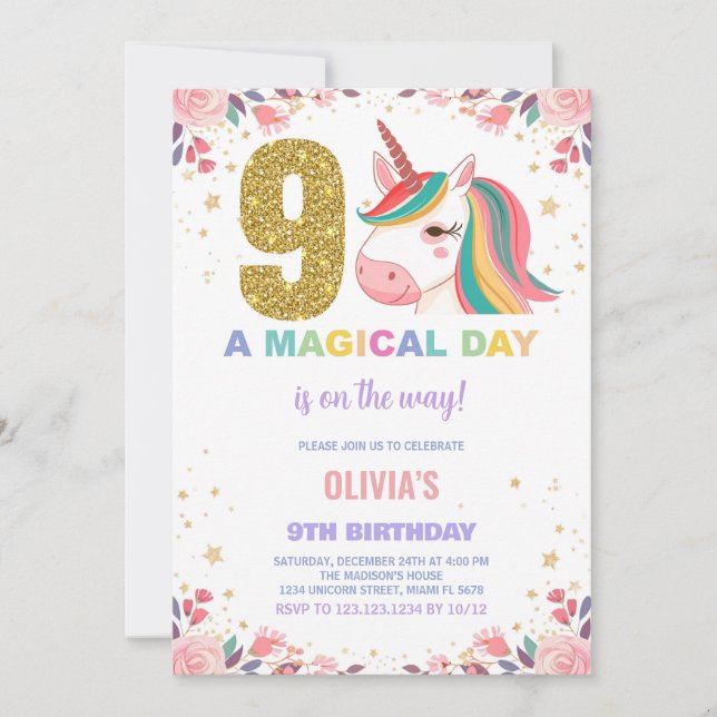 9e anniversaire Unicorn Anniversaire Invitations (Devant)