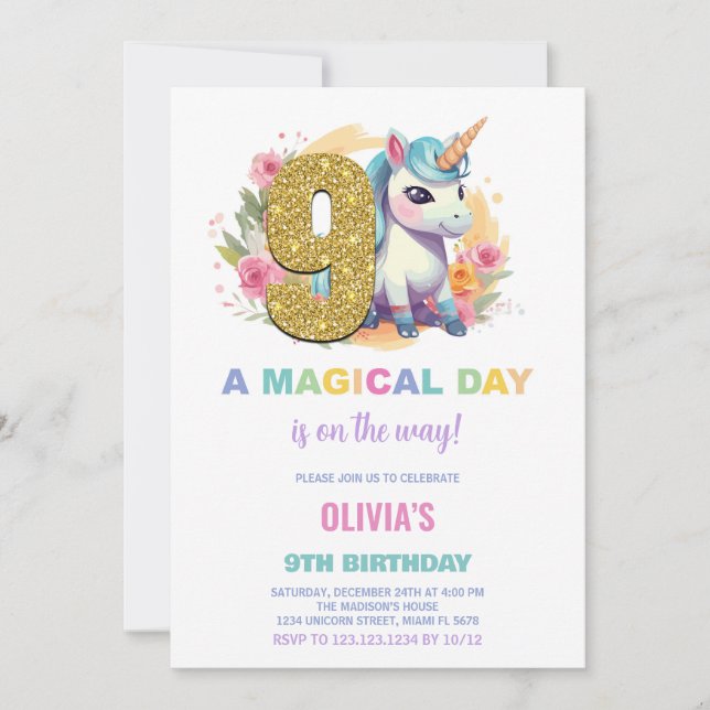 9e anniversaire Unicorn Anniversaire Invitations (Devant)