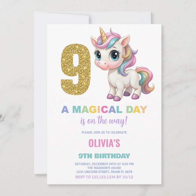 9e anniversaire Unicorn Anniversaire Invitations (Devant)