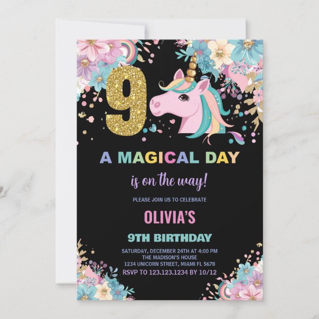 9e anniversaire Unicorn Anniversaire Invitations (Devant)