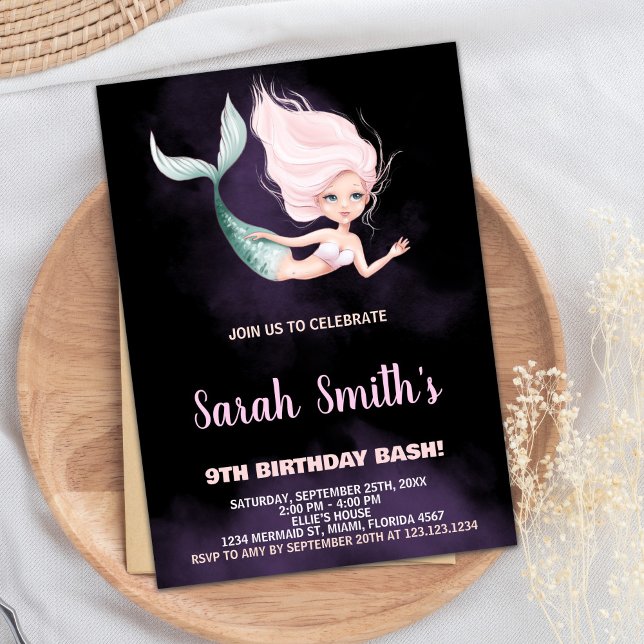 9e Invitations d'anniversaire de la sirène blonde (9th Blond Mermaid Birthday Invitations)