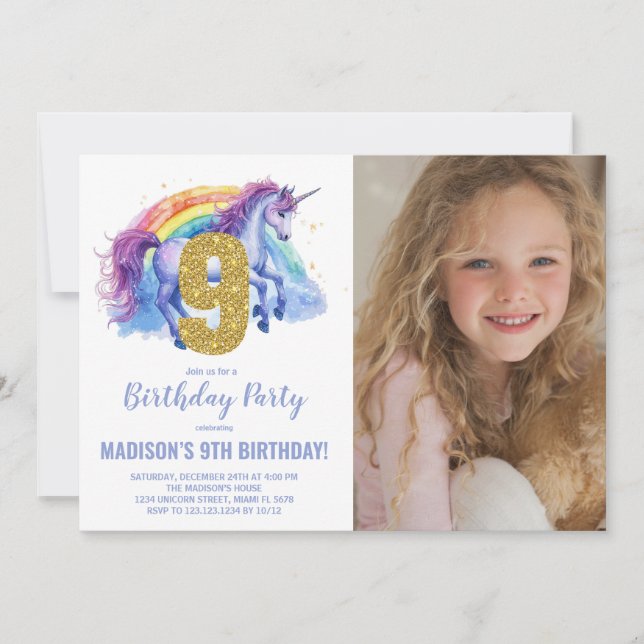 9e Rainbow Unicorn Birthday Invitations photo (Devant)