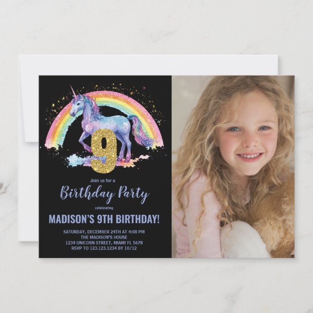 9e Rainbow Unicorn Birthday Invitations photo (Devant)