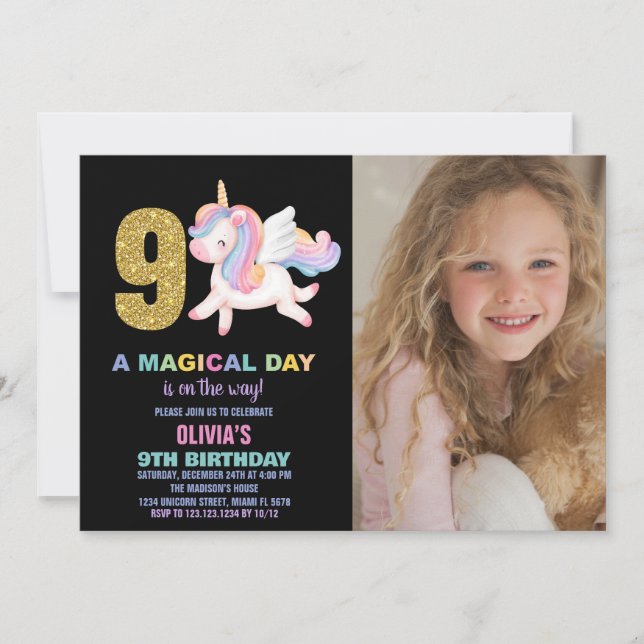 9e Rainbow Unicorn Birthday Invitations photo (Devant)