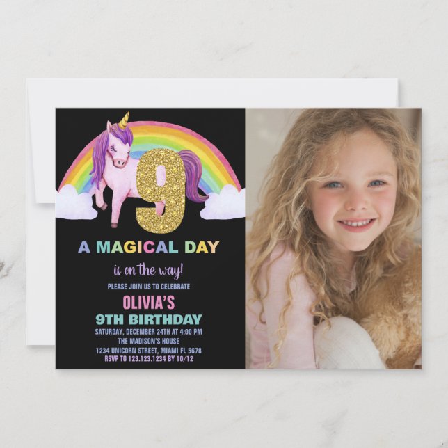 9e Rainbow Unicorn Birthday Invitations photo (Devant)