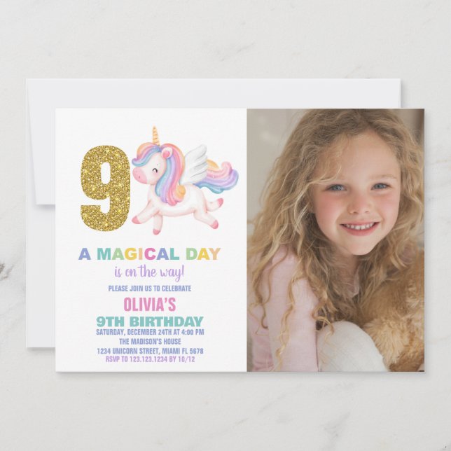 9e Rainbow Unicorn Invitations Anniversaire avec p (Devant)