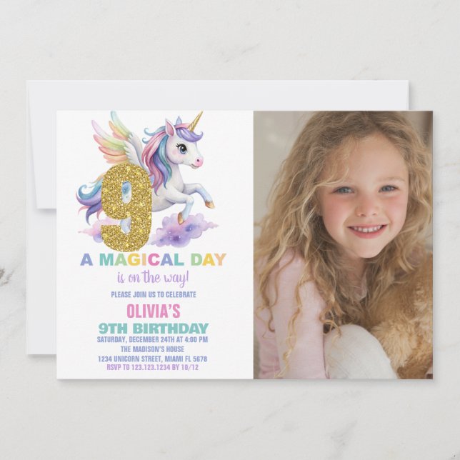9e Rainbow Unicorn Invitations Anniversaire avec p (Devant)
