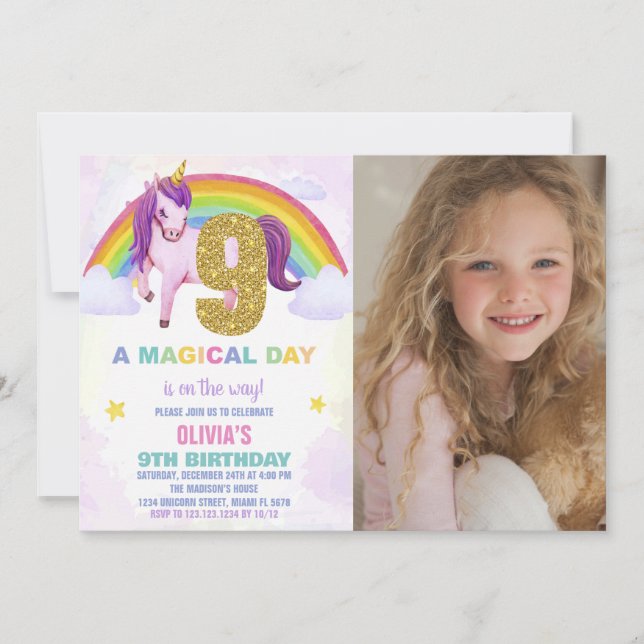 9e Rainbow Unicorn Invitations Anniversaire avec p (Devant)