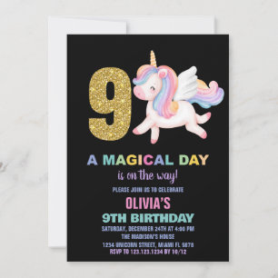 9e Rainbow Unicorn Invitations Anniversaire Noir