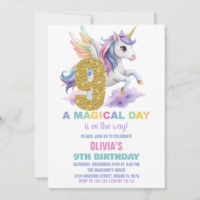 9e Rainbow Unicorn Invitations Anniversaire Vol (Devant)
