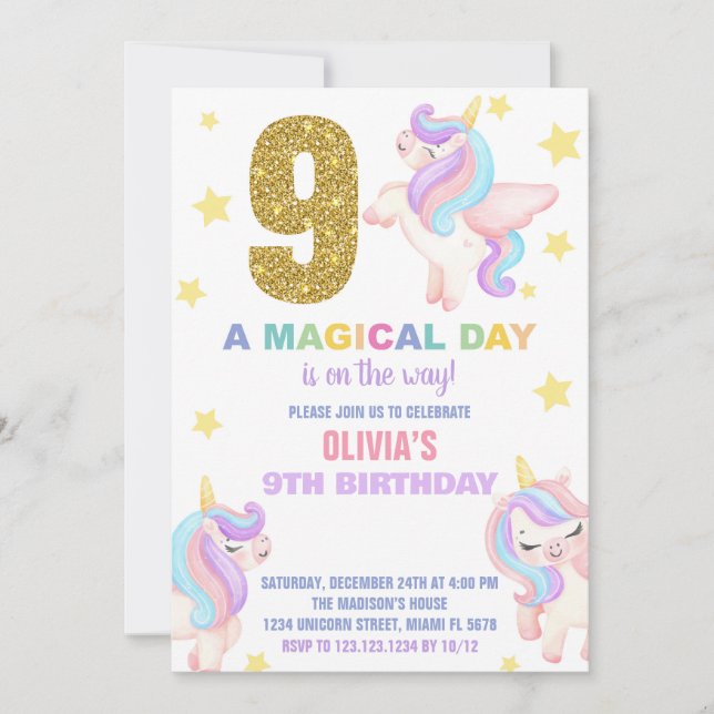 9e Rainbow Unicorn Invitations Anniversaire Vol (Devant)