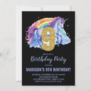 9e Rainbow Unicorn Invitations d'anniversaire
