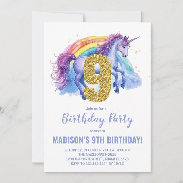9e Rainbow Unicorn Invitations d'anniversaire (Devant)