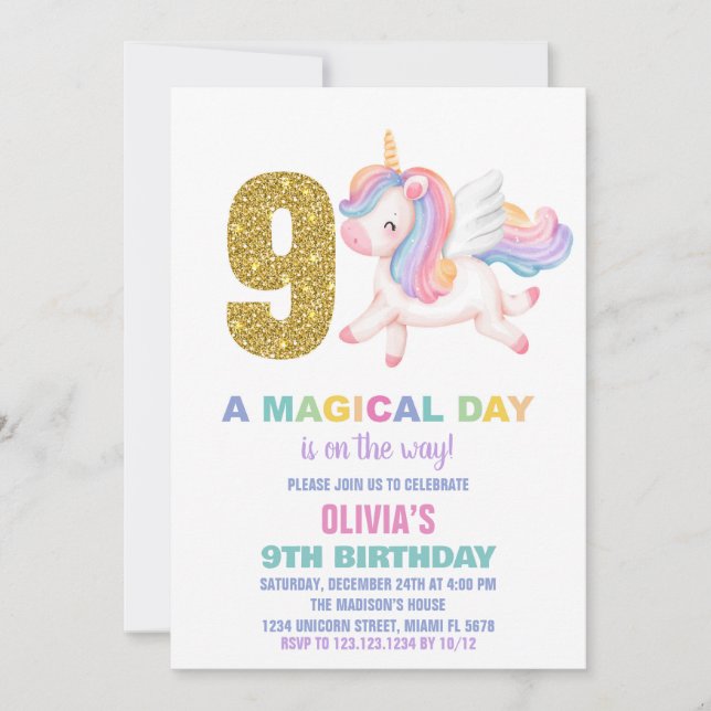 9e Rainbow Unicorn Invitations d'anniversaire (Devant)