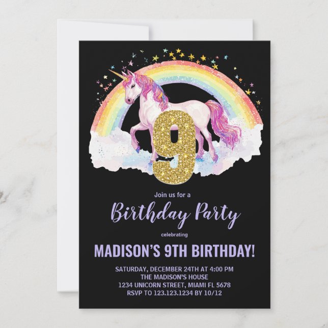 9e Rainbow Unicorn Invitations d'anniversaire (Devant)
