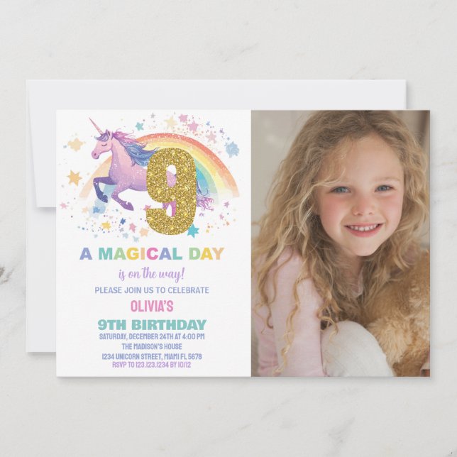 9e Unicorn Invitations d'anniversaire avec photo (Devant)
