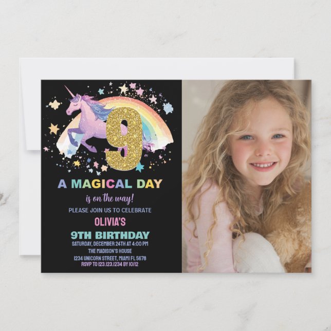 9e Unicorn Invitations d'anniversaire avec photo (Devant)