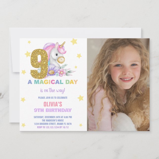 9e Unicorne florale Invitations d'anniversaire ave (Devant)