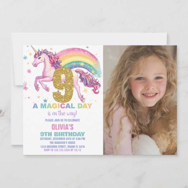 9ème Unicorn Anniversaire Invitations avec photo (Devant)