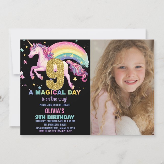 9ème Unicorn Invitations Anniversaire Noir avec ph (Devant)