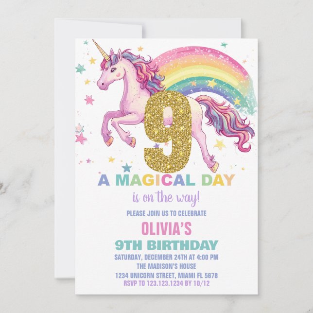 9ème Unicorn Invitations d'anniversaire (Devant)