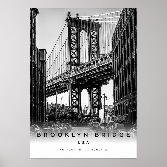 A3 Brooklyn Bridge USA Coordonnées Poster (Devant)