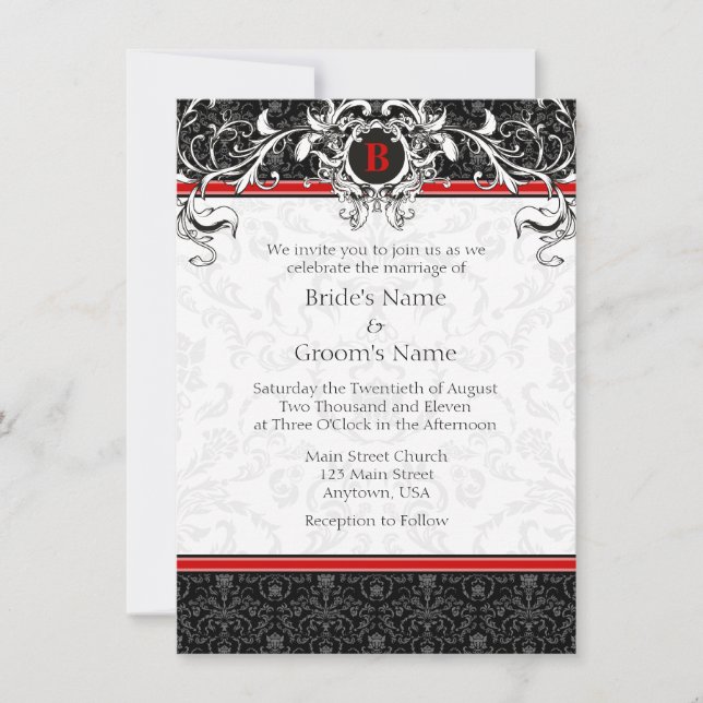 A6 Invitations au Monogramme de mariage rouge et n (Devant)