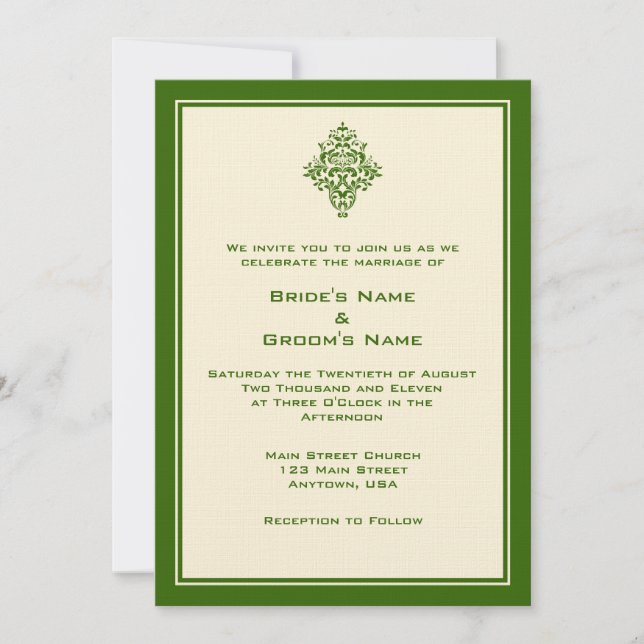 A7 Cream & Forest Green Invitations de mariage sim (Devant)