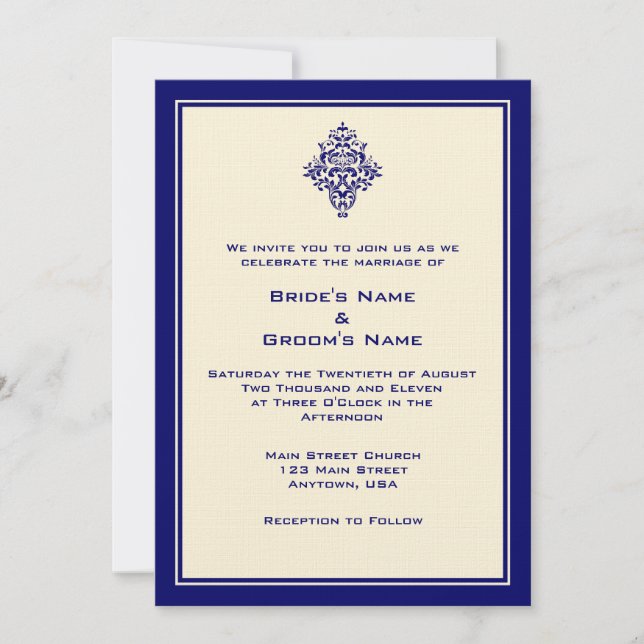 A7 Cream & Royal Blue Wedding Invitations (Devant)