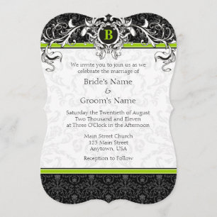 A7 Lime Green Black Damask Monogramme Invitation a