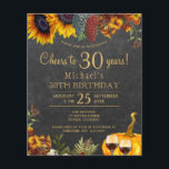 À 30 ans, fête d'anniversaire rustique d'automne<br><div class="desc">Or jaune et tournesols orange rouillé d'automne, raisins, deux verres à vin rouge et une citrouille aquarelle sur un fond en bois de grange brun foncé créant une élégante invitation de fête d'anniversaire à 30 ans à petit budget avec une typographie dorée à l'écriture manuscrite tendance. Convient pour les fêtes...</div>