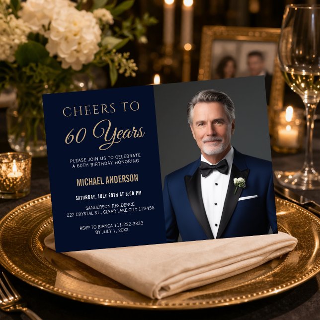 À 60 Ans, Félicitations ! Invitation (Elegant navy and gold 60th birthday invitation with “Cheers to 60 Years” design)