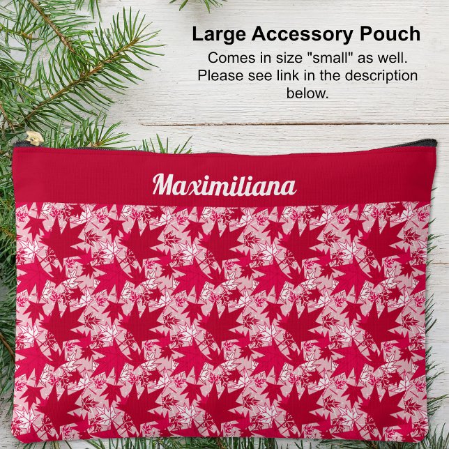 À Accessoires Feuilles d'érable en rose - GRANDE pochette d'acce (Red and White Maple Leaves on Pink - LARGE Accessory Pouch by The Canadian Outpost shop)