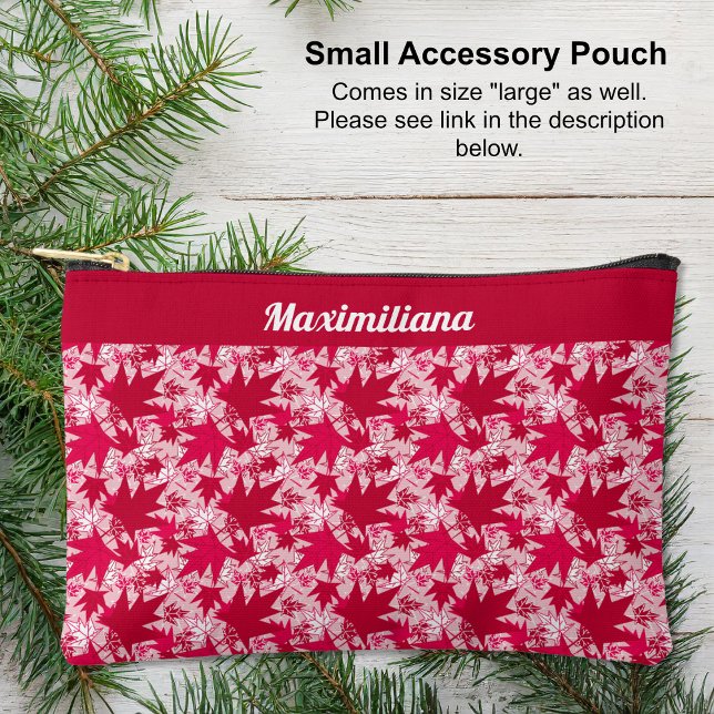 À Accessoires Feuilles d'érable en rose - PETITE pochette d'acce (Red and white Maple Leaves on Pink - SMALL Accessory Pouch by The Canadian Outpost shop)
