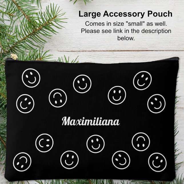 À Accessoires Joyeux Visages blancs sur noir - LARGE Pochette d' (Happy Faces White on Black - LARGE Accessory Pouch)