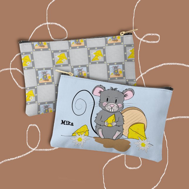 À Accessoires Mignon pochette zippée bleue et grise avec une sou (Cute blue and gray zipper pouch featuring a cartoon mouse eating cheese . (Front and back views) . 
)