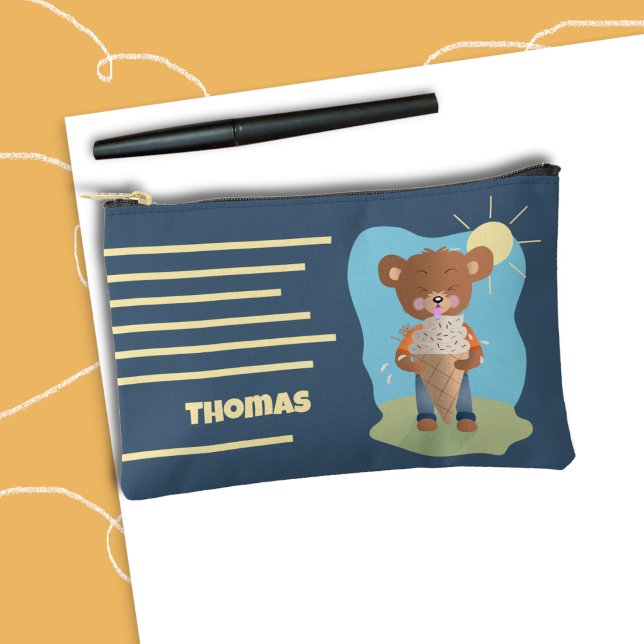 À Accessoires Pochette crayon Ours brun et Cône de glace enfant (Cute brown bear kid blue pencil pouch with name . )
