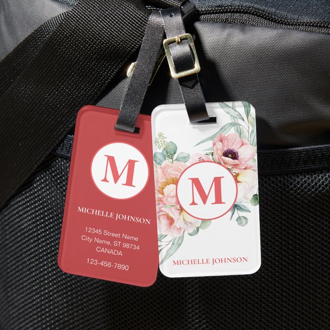 À Bagage Élégante pivoine rose avec monogramme étiquette de (Créateur téléchargé)