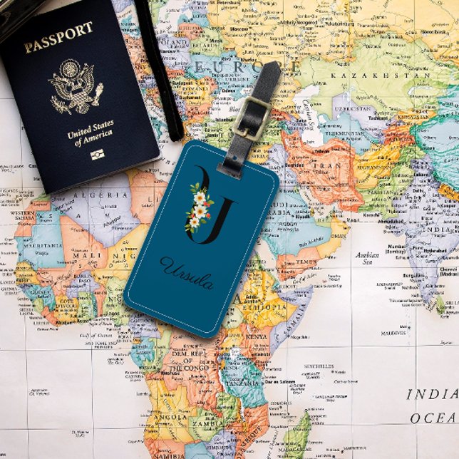 À Bagage Étiquette de bagages Monogram U cobalt watercolor  (Créateur téléchargé)