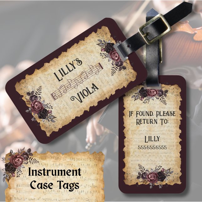 À Bagage Étiquette de cas de viole de gambe florale sombre  (Personalized Instrument Case Tag for the Viola Player)